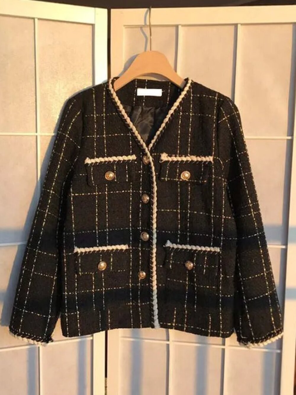 KOREAN Tantelion V-Neck Contrast Trim Black Tweed Button Jacket M Professional